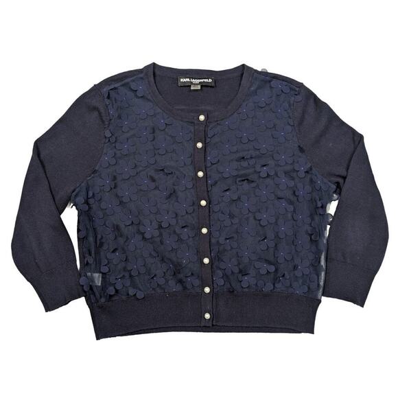Karl Lagerfeld Navy Sheer-Front Cardigan with Flower appliques Size Large - Picture 1 of 7